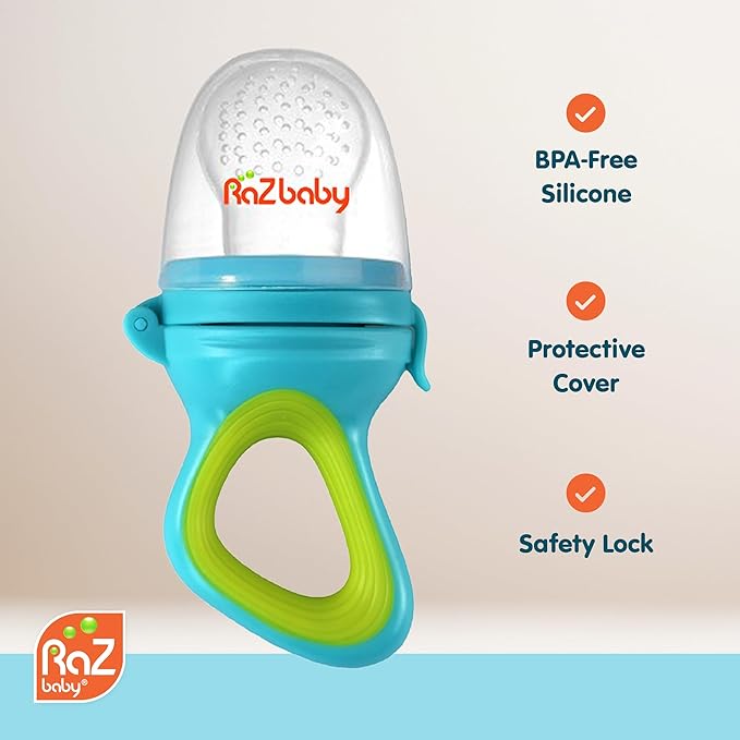 RaZbaby Baby Solids/Frozen Fruit Feeder Pacifier, Infant Teether Toy 6M+, BPA-Free Silicone Pouch & Nipple, Safely Introduce Solids, Natural Teething Relief, Dishwasher Safe, Freezable – Grey/White