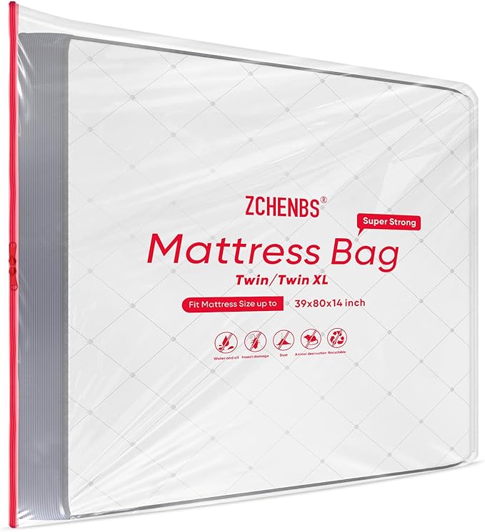 ZCHENBS® – Mattress Bags for Moving and Storage,Mattress Bag with Zippers,5 Mil Ultra-Thick Bed Bag,Waterproof,Anti-Tear,Heavy-Duty Mattress bag (Transaparent/Red, Twin/Twin XL-(2 Pack))