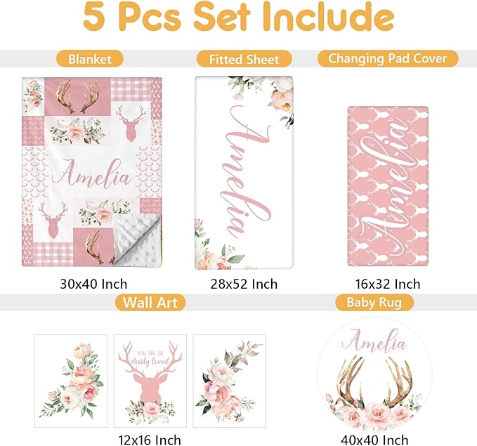 Personalized Baby Crib Bedding Set, 5 Pcs Custom Name Nursery Bedding Set, Pink Woodland Deer Baby Bedding Set for Girl, Double Layer Baby Crib Sets, Customized Gifts for Toddlers Kids Infants