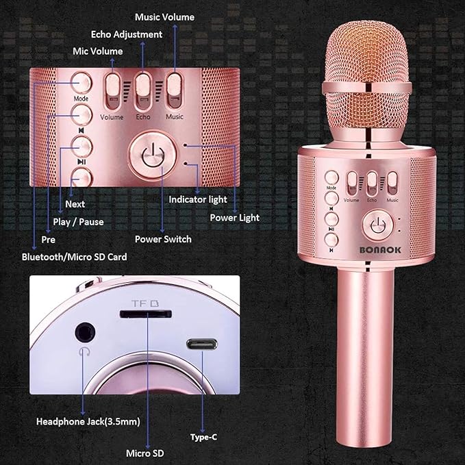 BONAOK Wireless Bluetooth Karaoke Microphone, 3-in-1 Portable Handheld Mic Speaker Machine for All Smartphones,Gifts to Girls, Boys Kids Adults All Age Q37(Champagne)