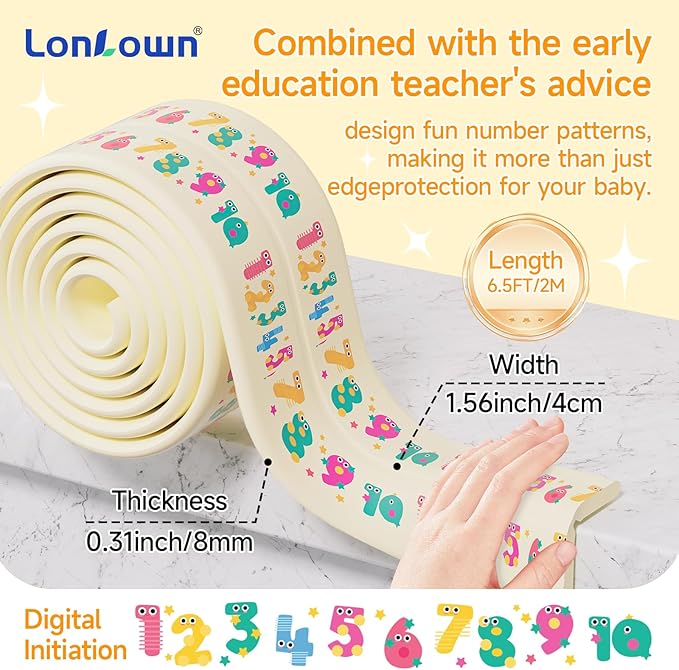 Edge Protector for Baby 6.5ft Soft Protective Foam Cushion Furniture Edge and Corner Guards Baby Child Proofing Cartoon Digital Pattern Odorless Safe for Table,Fireplace,Countertop