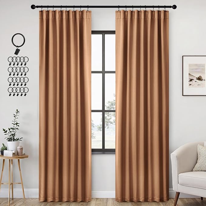 ANRODUO Back Tab Blackout Curtains for Bedroom Living Room, Rod Pocket Pinch Pleated Thermal Insulated Room Darkening Curtains 90 Inches Long 2 Panels, Brown, 42 x 90 Inch
