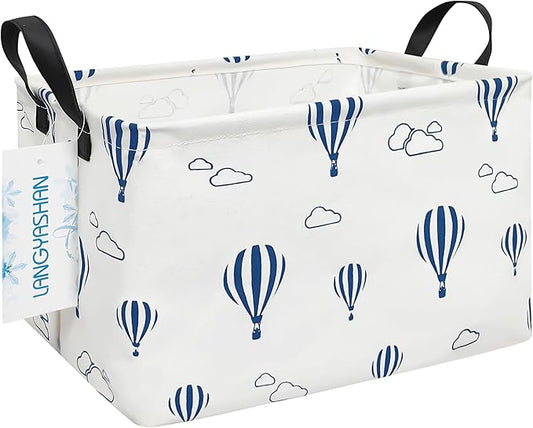 LANGYASHAN Rectangular Storage Bin Collapse Canvas Fabric Cartoon Storage Basket with Handles for Organizing Home Kitchen Boys and Girls Toys Office Closet Shelf Baskets (Rec Blue Balloon)