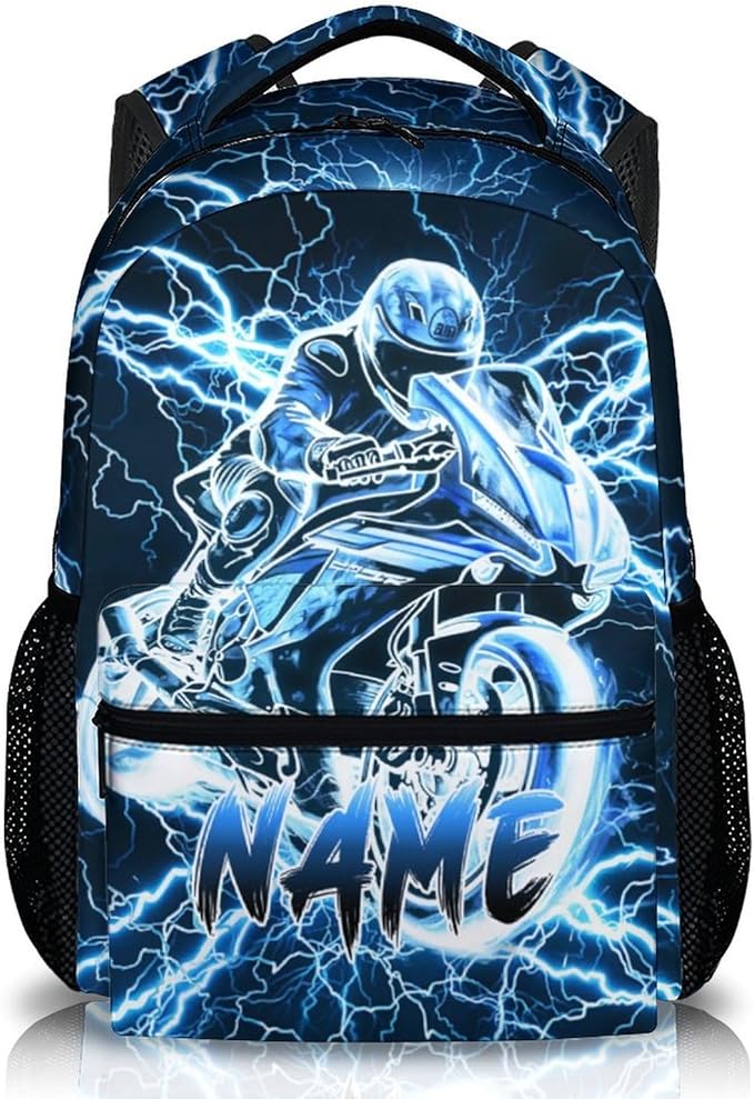 Personalized Backpacks for Boys, Motorcycle Backpack with Custom Name for Kids Kindergarten Primary Elementary Senior Middle, 17 Inch Lightweight Cool Lightning Schoolbag