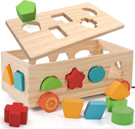 Shape Sorter - Montessori Wooden Learning Shapes Toy with 17 Shape Blocks - Early Education and Sensory Development Storage Pull Car for Toddlers, SSC03