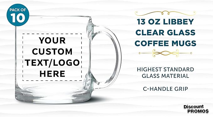 Custom Libbey Clear Glass Coffee Mugs 13 oz. Set of 10, Personalized Bulk Pack - Perfect for Coffee, Tea, Espresso, Hot Cocoa, Other Beverages - Clear Bottom