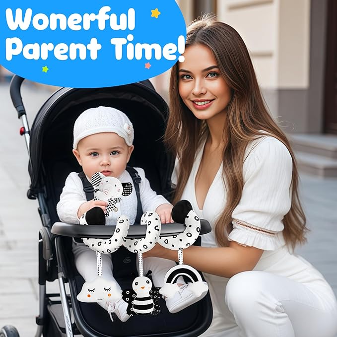 Car Seat Toys for Babies 0-6 Months,Hanging Rattle Toys for Crib Mobile, Baby Spiral Hanging Stroller Black and White High Contrast Toys for Newborn 0 3 6 9 12 Months Baby Boys Girls (Set-1)
