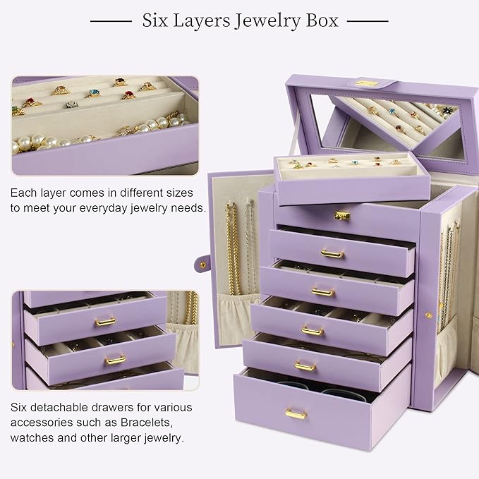 AKOZLIN Large Jewelry Box Organizer Functional Lockable with Big Mirror, Leather Jewelry Storage Case for Women Girls Ring Necklace Earring Bracelet Holder Organizer Violet