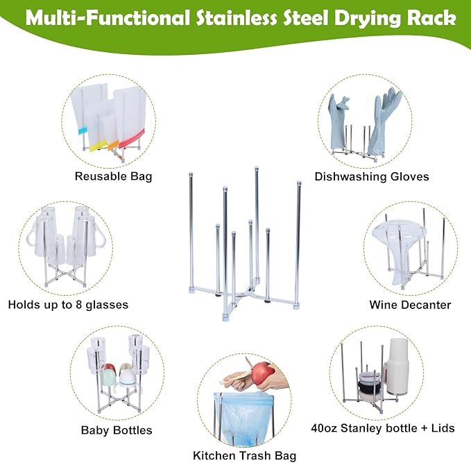 Plastic Bag Drying Holder, Bottle Drying Rack, Multifunctional Kitchen Grocery Bag Stand, Collapsible Cup Draining Rack for Wine Decanter, Mugs, Mason Jars, Water Bottle (10.63 Inches Height)