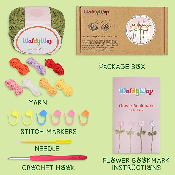 WaldyWop Crochet Kit for Beginners - 8 Flower Bookmarks Knitting Kit w/Step-by-Step Video Tutorials & Soft Yarn, Hook - Wobbles DIY Art Craft Kit for Adults Kids, Birthday Gifts for Women Girls Teen