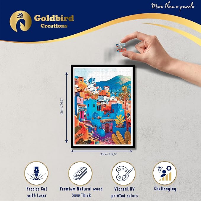 Magnetic Wooden Puzzles with Frame for Adults - Framed Wooden Jigsaw Puzzle - Rompe Cabezas para Adultos - Landscape Wall Art Decor - Original Christmas & Birthday Gift (Chefchaouen)