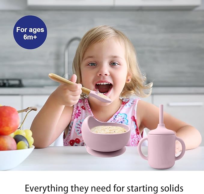 Silicone Baby Feeding Set 14 Pcs,Baby Led Weaning Supplies, Baby Spoons Suction Bowl Divided Plate Bib Cup Finger Brush,First Stage Solid Food Eating Utensils - 6+ Months(Light Pink)