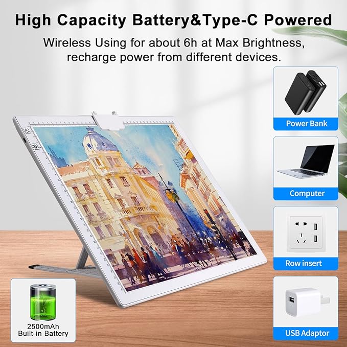 A3 Light Pad, Elice Tracing Light Box 3 Colors Mode Stepless and 6 Levels of Brightness Light Copy Pad, Wireless Rechargeable Led Light Board for Weeding Vinyl Diamond Painting Sketching (White)