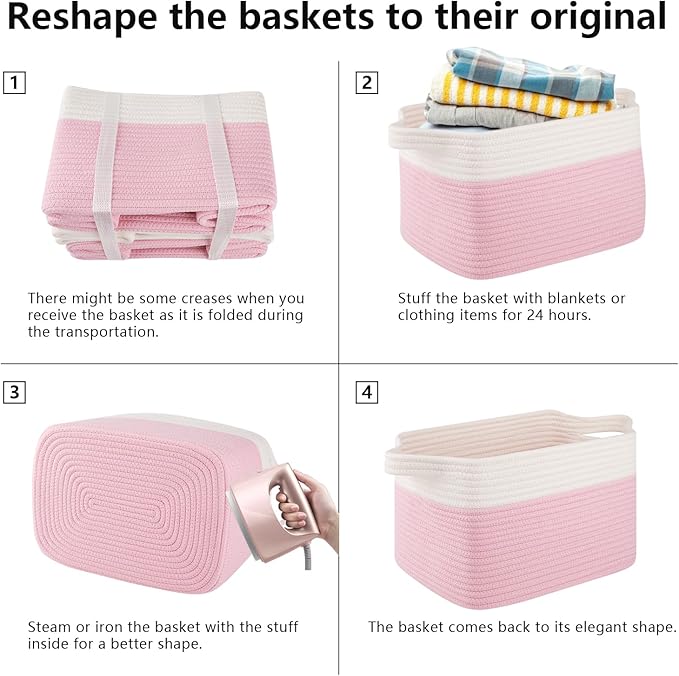OIAHOMY 3 Pack Storage Basket for Organizing, 13''X9.85''X8.7'' Woven Storage Bins with Handles, toy organizers,Stylish Room Decor, Pink & white