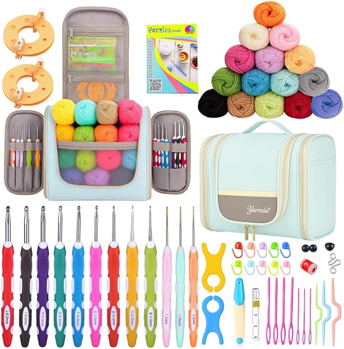 Yarniss Crochet Kits with Case, Beginner Crochet Set Includes 1050 Yards Crochet Yarn & 12 Size Ergonomic Crochet Hooks