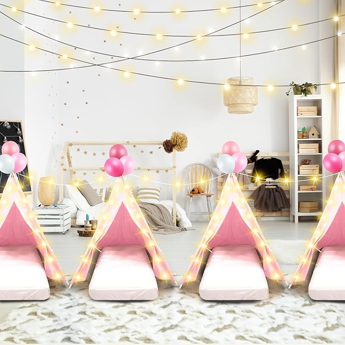 6 Pack Sleepovers Teepee Tent for Kids Bulk with Mattress Sheet Light,Natural Cotton Washable Indoor Play Tent for Birthday Slumber Party Girls Boys Pajama Movie Night Supplies(Light Pink)
