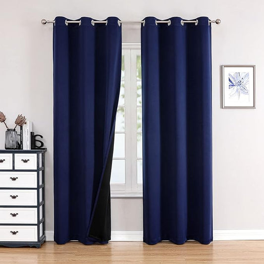 ChrisDowa 100% Blackout Curtains 72 inch Long for Bedroom with Black Liner, 2 Thick Layers Total Blackout Thermal Insulated Grommet Window Curtains 2 Panels Set (Navy Blue, 42 x 72 Inch)