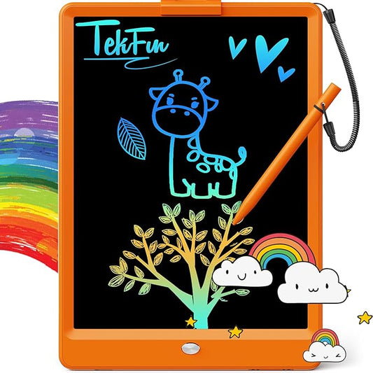 TEKFUN Toys for Girls Boys 10IN LCD Writing Tablet, Magic Doodle Board with Anti-Lost Stylus, Mess Free Coloring for Toddlers Drawing Pad, Toddler Travel Car Plane Trip Toys Gifts (Orange)