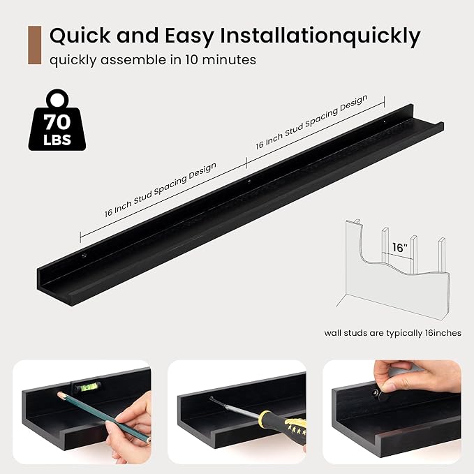 Picture Ledge Shelf, Solid Pine Wood Floating Shelves Set of 2, 40 Inches Nursery Book Shelves for Toys Storage, Kids Bookshelf Wall Mounted for Living Room Bedroom Decor Books Photo Frames, Black