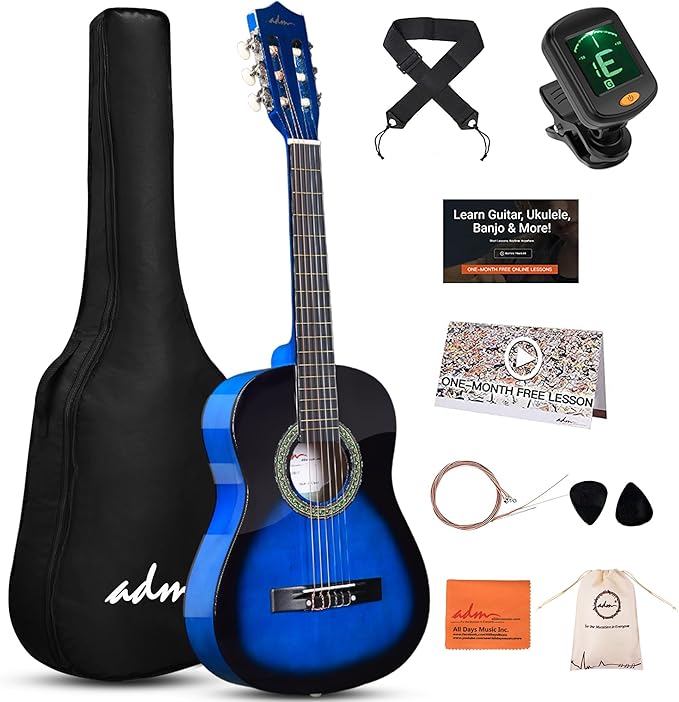 ADM Beginner Acoustic Classical Guitar Nylon Strings Wooden Guitar Bundle Kit for Kid Boy Girl Student Youth Guitarra Online Lessons with Gig Bag, Strap, Tuner, Strings, Picks (34 Inch, Blueburst)