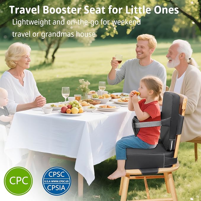 Toddler Booster Seat for Kitchen Chair, 2-in-1 Dining Table Booster Seat with Backrest & Adjustable Straps – Easy-Clean, PU Portable Toddler Eating Travel Increasing Cushion - Dark Grey