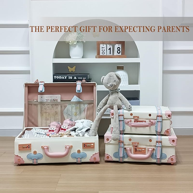 Unitravel Baby Keepsake Case, Handmade Memory Storage Box, Newborn Keepsake Box, Vintage Suitcase for Baby Shower, Baptism, Naming Ceremony or Birthday (cream white, 18")