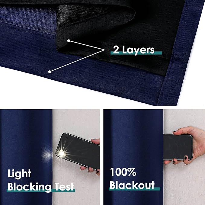 ChrisDowa 100% Blackout Curtains 120 inch Long for Bedroom with Black Liner, 2 Thick Layers Total Blackout Thermal Insulated Grommet Long Window Curtains 2 Panels Set (Navy Blue, 52 x 120 Inch)