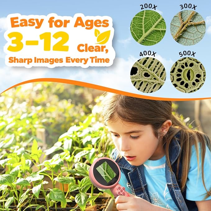 Kids Microscope with Bug Catcher Kit, 1080P Digital Mini Handheld Microscope STEM Science Toy with LED Light, Rechargeable, Portable, Supports 64GB TF Card, Educational Gift for Kids Ages 3-12 (Pink)
