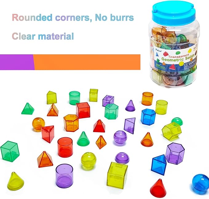 3D Geometric Solids 60 Pcs for Kids Translucent Geometric Shapes for Geometry Beginnings,Light Table Manipulatives Toy Math Helper School Supplies