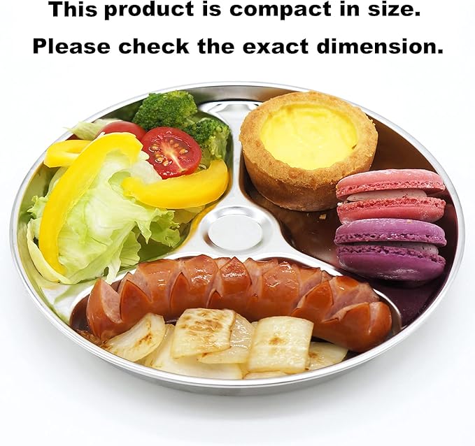Korean Stainless Steel Divided Round Plates, Little Kids Toddlers Babies Tray, BPA Free, Diet Control, Camping Dishes, 8 Inch Compact Serving Platter, 3 Compartment Plate, Set of 2