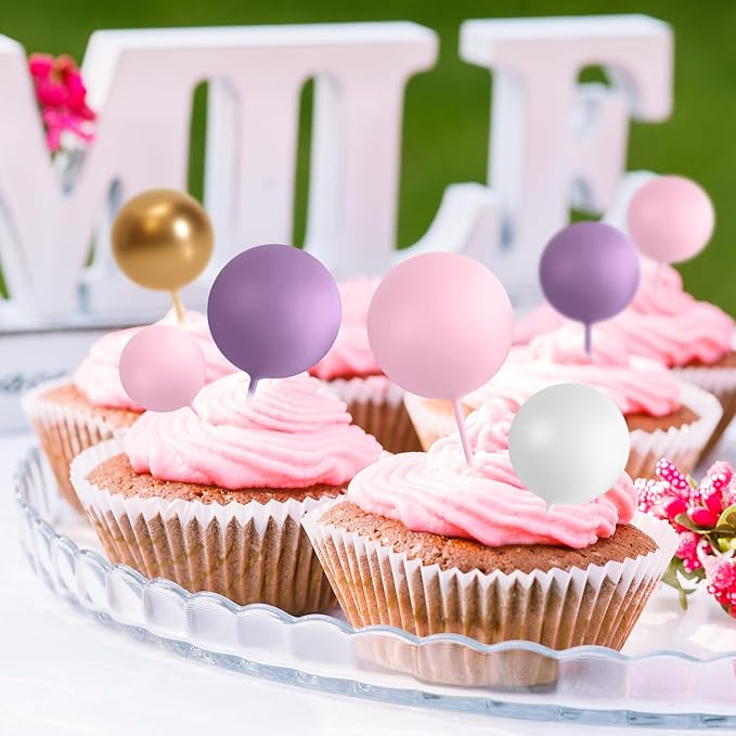 75 Pieces Cake Balls Topper Decorations Foam Cupcake Topper Mini Balloon Cake Topper Balls Cake Picks for Cake Deco Birthday Party Wedding（Purple,Pink,Gold,White）