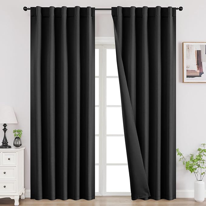 Joydeco Blackout Curtains for Bedroom, Black Out Curtains 96 Inch Long, Black Curtains with Rod Pocket Back Tab, Room Darken Light Blocking Noise Reducing Wrinkle-Free Drapes for Living Room, 2 Panels