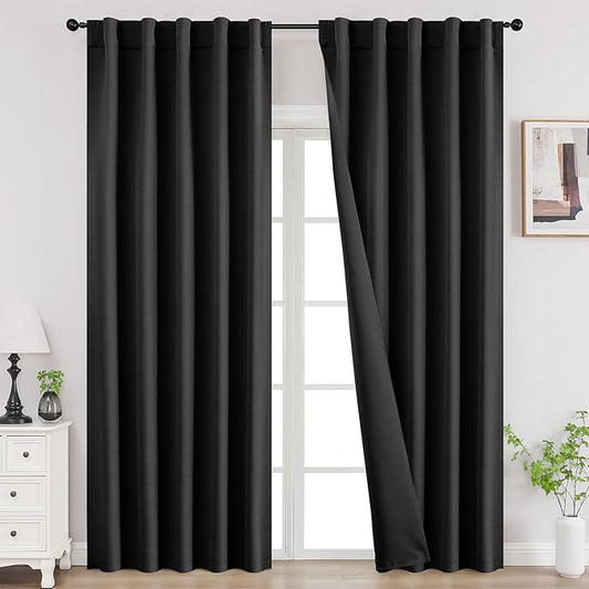 Joydeco Blackout Curtains for Bedroom, Black Out Curtains 96 Inch Long, Black Curtains with Rod Pocket Back Tab, Room Darken Light Blocking Noise Reducing Wrinkle-Free Drapes for Living Room, 2 Panels