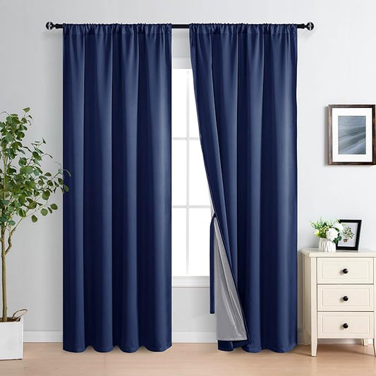 XWZO 100% Blackout Curtains 84 Inches Long with Tiebacks- Rod Pocket Noise Blocking & Energy Efficiency Window Draperies with Black Liner for Bedroom/Living Room, Navy Blue, W60 x L84, Set of 2