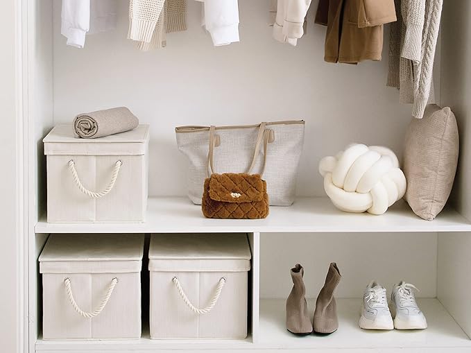 StorageWorks Storage Bins with Lids, Decorative Storage Boxes with Lid and Soft Rope Handles, Foldable Storage Baskets for Closet, Shelves, Stackable, Ivory and White, Jumbo, 3-Pack