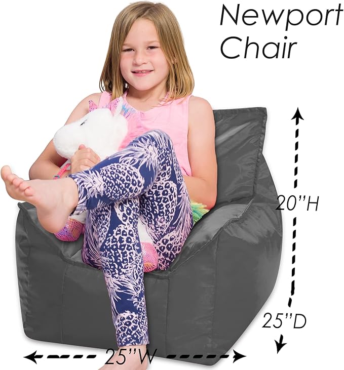 Posh Creations Bean Bag Chair Structured Comfy Seat for Gaming, Reading and Watching TV, for Children, Newport Chair, Nylon - Charcoal Gray