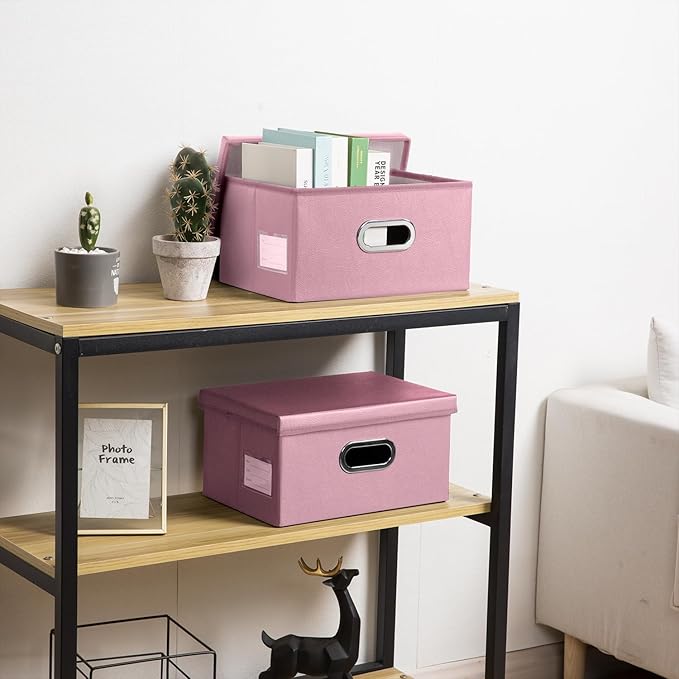 PRANDOM Collapsible Storage Box with Lid [3-Pack] Leather Fabric Foldable Storage Bin Organizer Container Basket Cube with Cover for Home Bedroom Closet Office Nursery Pink(13.6x9.6x6.9)