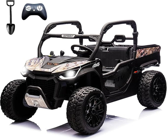 sopbost 24V 10Ah Ride On Toys for Big Kids to Drive 2 Seater Ride On Car with Remote Control Battery Powered Side by Side UTV with Large Dump Bed, 4x75W Motors, Camouflage Black