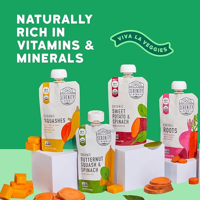 Serenity Kids 6+ Months Veggie Puree Organic Baby Food Pouches - No Added Sugar, Allergen-Free & BPA-Free Baby Snacks - 3.5 Oz, 8 Pack