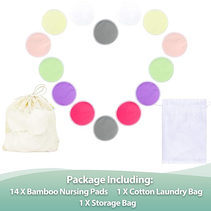 wegreeco Nursing Breast Pads (14 Pack) + Laundry Bag & Storage Bag, 2 Sizes: 3.9/4.7 inch - Washable & Reusable Breastfeeding Nursing Pads (Passion, Large, Heavy Flow Use)
