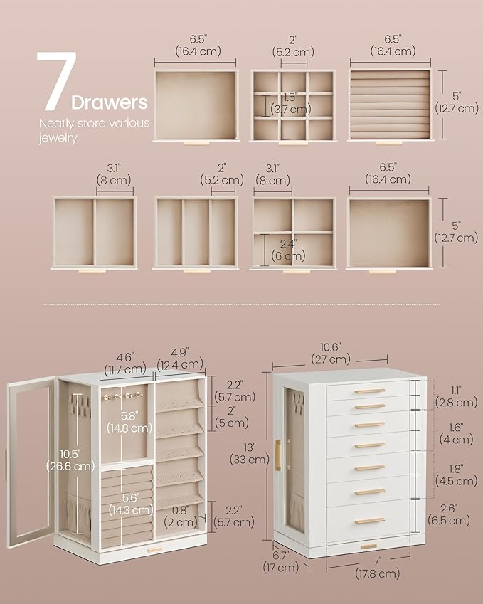 SONGMICS Jewelry Box 360° Rotating, Jewelry Storage Case with 7 Drawers, Jewelry Organizer, Glass Window, Spacious, Vertical Jewelry Storage, Open Design, Great Gift, Cloud White UJBC201W01