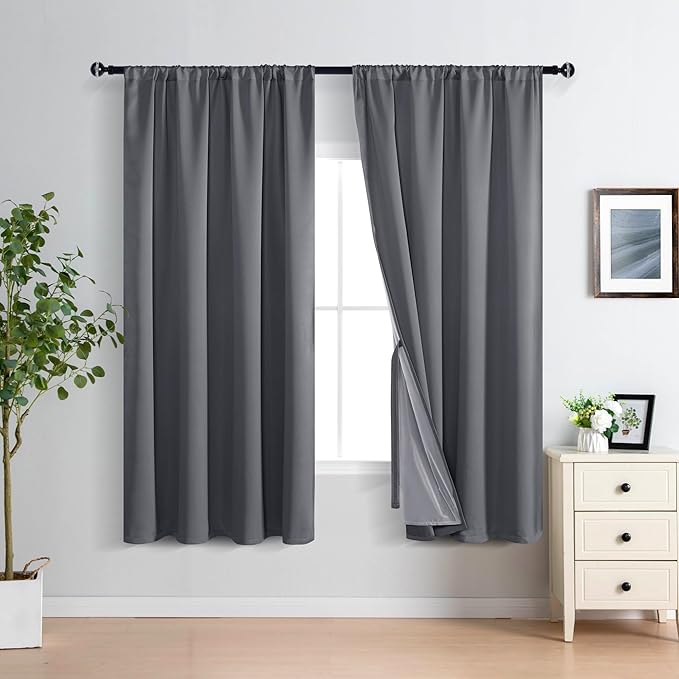 XWZO 100% Blackout Curtain Panels - Rod Pocket Thermal Insulated Black Liner, Noise Reducing and Heat Blocking Drapes for Hall and Studio Windows with Tiebacks, Dark Grey, W52 x L63, Set of 2