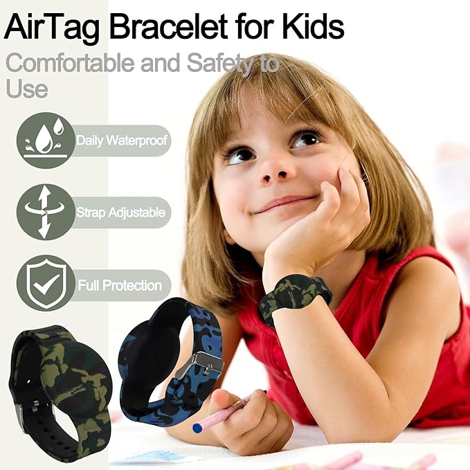 2 Pack Waterproof Bracelet for AirTag Kids, Hidden Printed Wristband for Apple Air Tag, Silicone Holder for AirTag GPS Tracker Case for Band for Child Toddler, Secure Anti-Lost Protection(Camouflage)