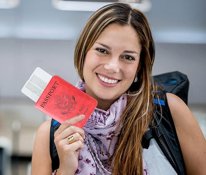 Passport Holder Cover Wallet Travel Essentials Leather Rfid Blocking Case Vacation Luggage Must Haves Travel Accessories for Men Women (116#Brown)