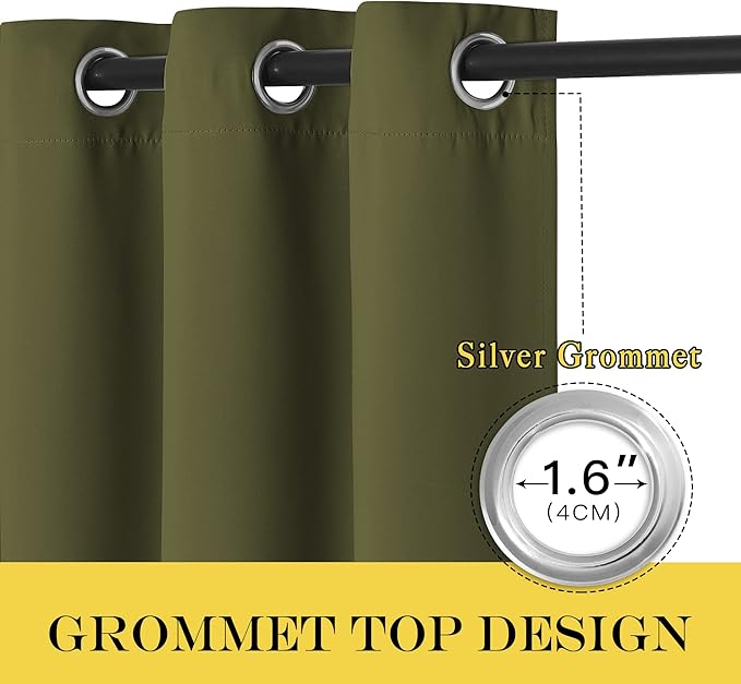 NICETOWN Room Darkening 66 inch Curtains for Bedroom, Grommet Thermal Insulated Room Darkening Window Treatments Voice Reducing for Kids Room, 2 Panels, W66 x L66, Olive