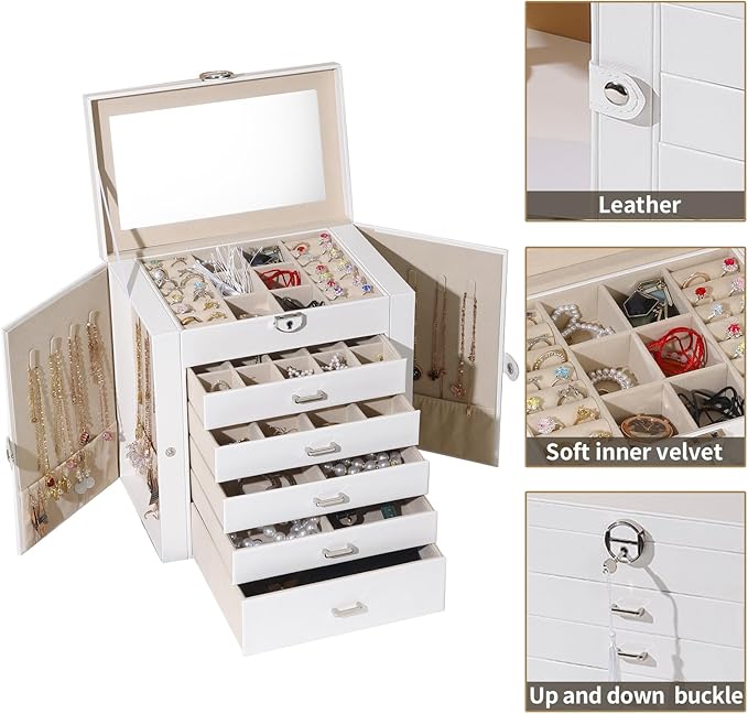 BOOVO Jewelry Box For women, 6 Layer Large Jewelry Organizer With Mirror, Multi-Function Storage Box With Lock, Accessory Holder With 5 Drawers, For Earrings Necklace Ring Bracelet (White)