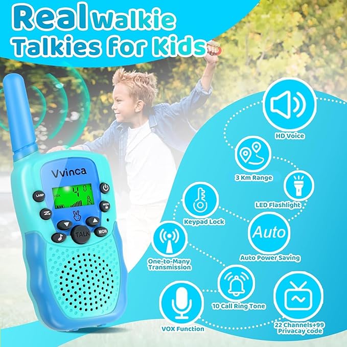 Vvinca Toys for Ages 5-7 Boys Girls, Rechargeable Walkie Talkies for Kids Long Range 22 CH 2 Way Kids Walkie Talkie with Flashlight for Camping Hiking Indoor Outdoor 3 4 5 6-12 Birthday