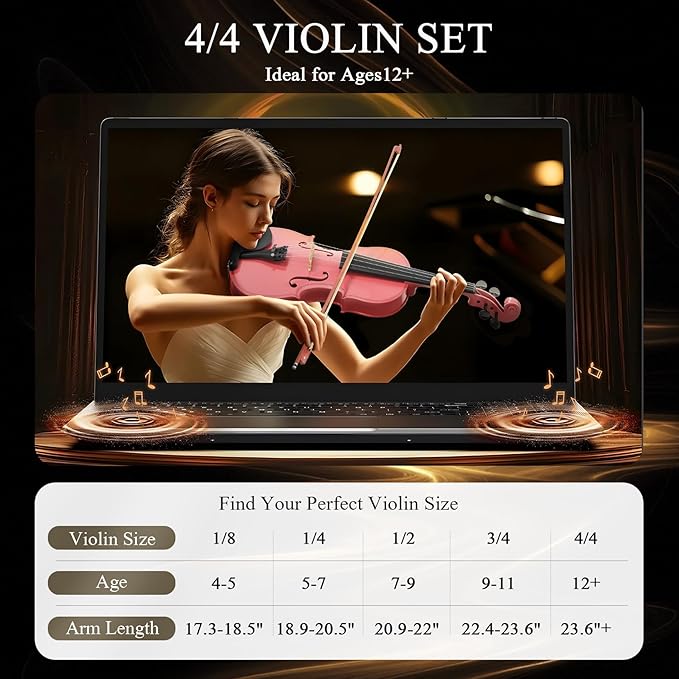 Beginner Violin 4/4, Full Size Violin for Adults, Teens, Student, Acoustic Fiddle Kit with Hard Case, Bow, Rosin, Bridge, Learners Age 12+ (Pink)