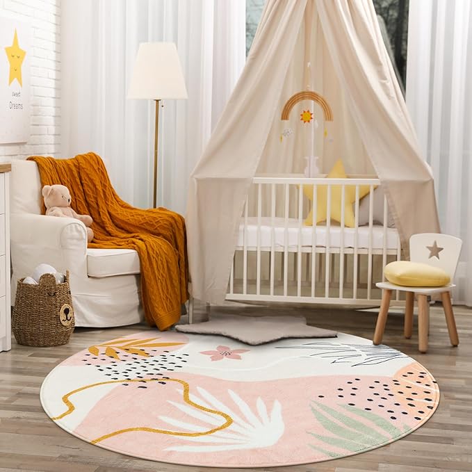 Lahome Pink 6' Round Area Rug, Non-Slip Soft Ultra-Thin Washable Floral Boho Rugs for Living Room, Dining Room, Bedroom, Entryway, Office Dorm, Lightweight