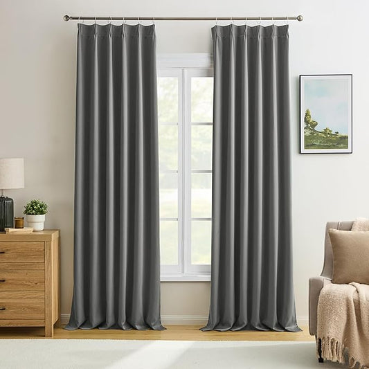 KEQIAOSUOCAI Grey Pinch Pleat Curtains & Drapes 108 Inches Long 2 Panels Set, Sound Dampening Window Treatment for Bedroom Vertical Draft Blackout Blinds for Living Room 40 x 108 9 Ft Length